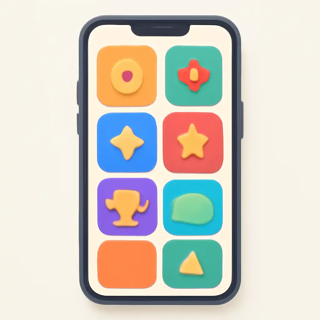 Smartphone shown from the front displaying a colourful flat layout of abstract game icons and rounded tiles, Getting