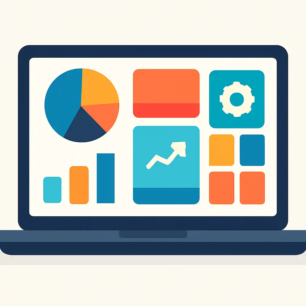 Laptop shown from the front displaying a colourful flat dashboard of abstract charts, bars and icon tiles, Getting Started