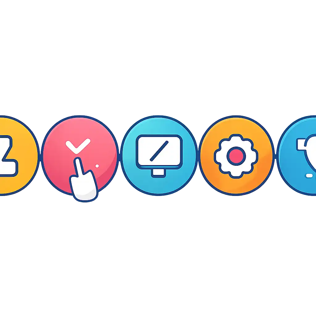 Five numbered circular icons connected by arrows in a horizontal flow, Getting Started With shri ganesh game steps