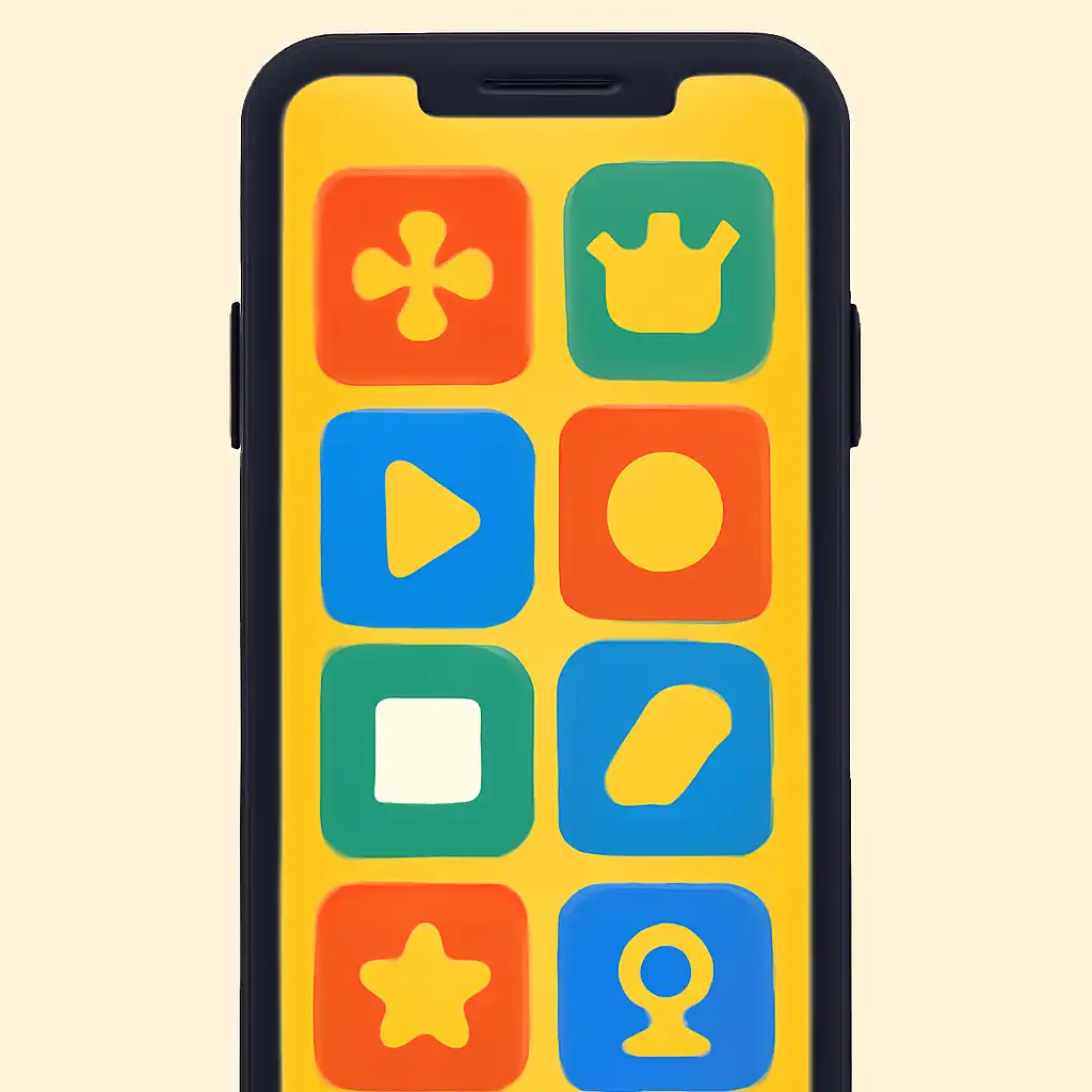 Smartphone shown from the front displaying a colourful flat layout of abstract game icons and rounded tiles, Common