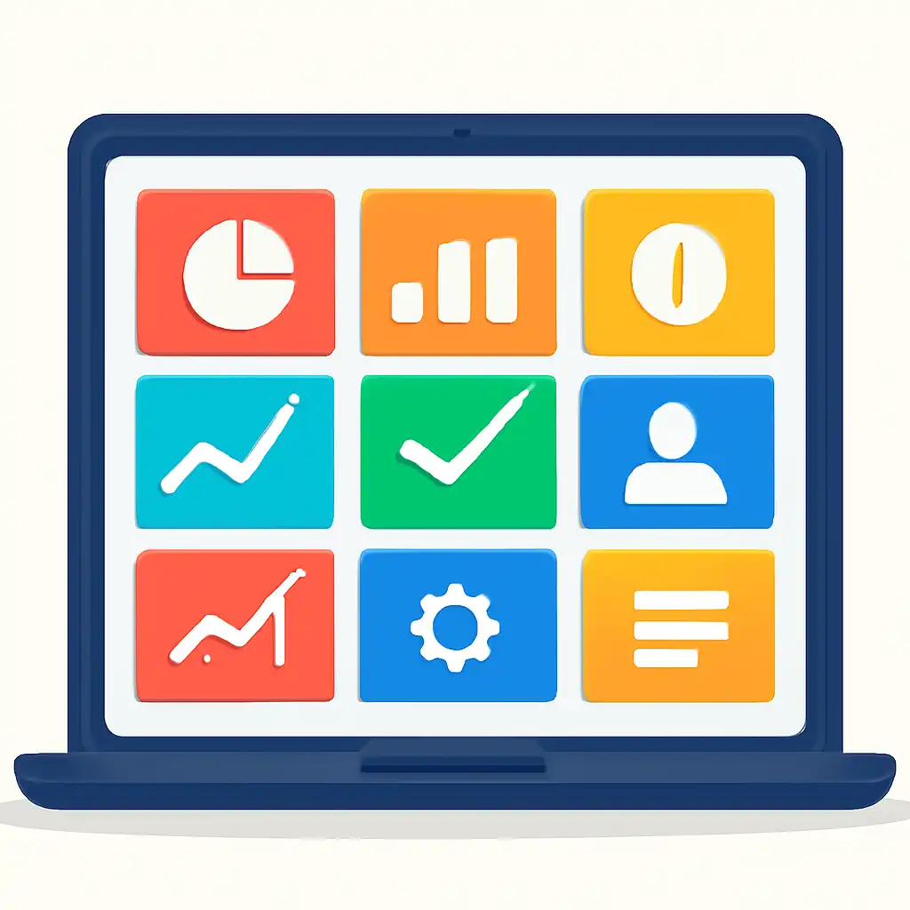 Laptop shown from the front displaying a colourful flat dashboard of abstract charts, bars and icon tiles, Common Mistakes