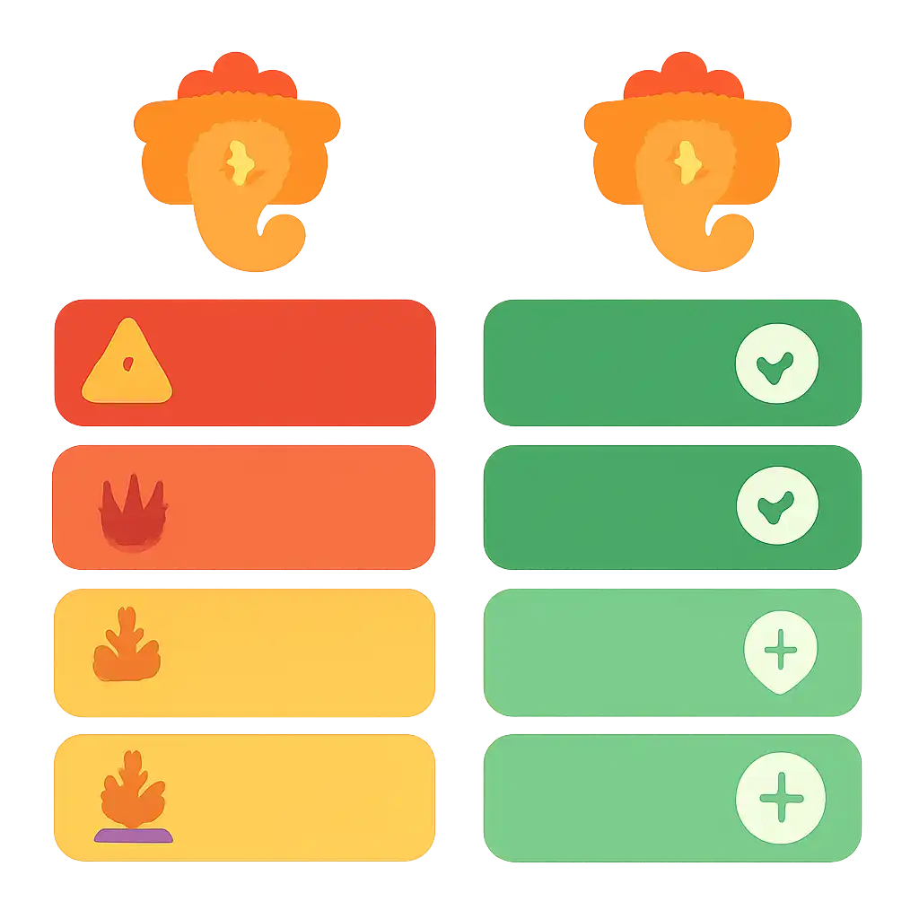 Infographic comparing options using coloured bars and, Common Mistakes and Safety, Shri Ganesh
