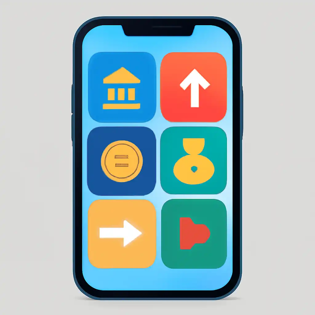 Smartphone shown from the front displaying a colourful flat layout of abstract game icons and rounded tiles, Deposits