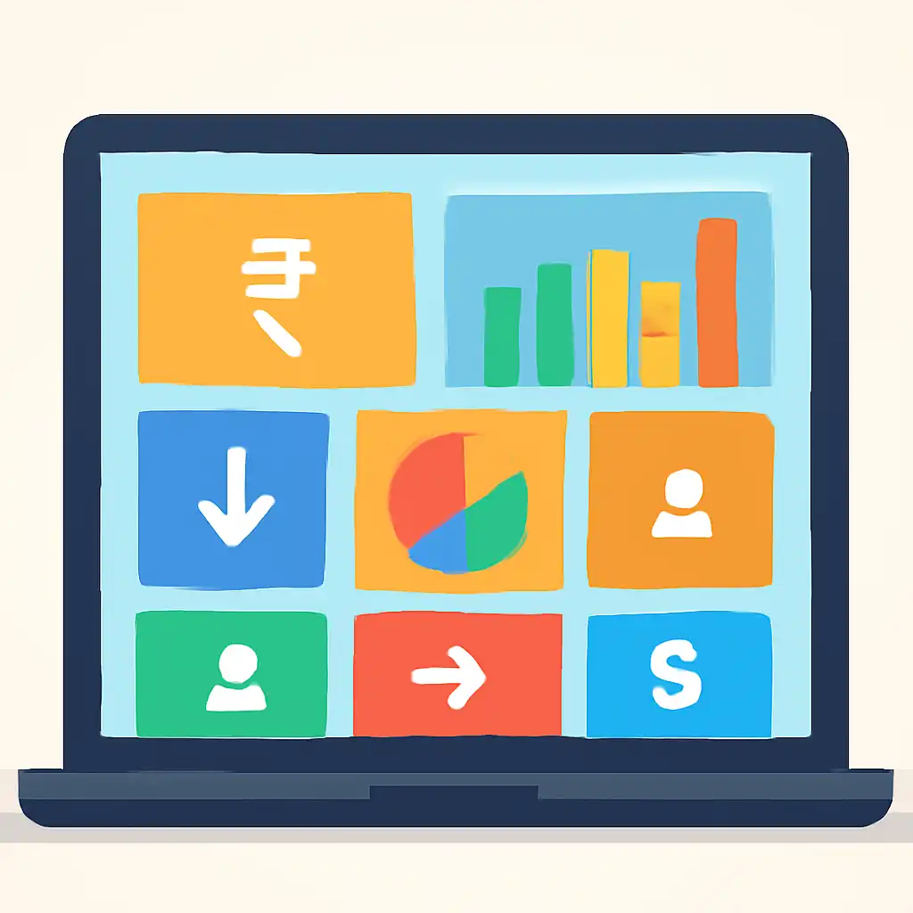 Laptop shown from the front displaying a colourful flat dashboard of abstract charts, bars and icon tiles, Deposits