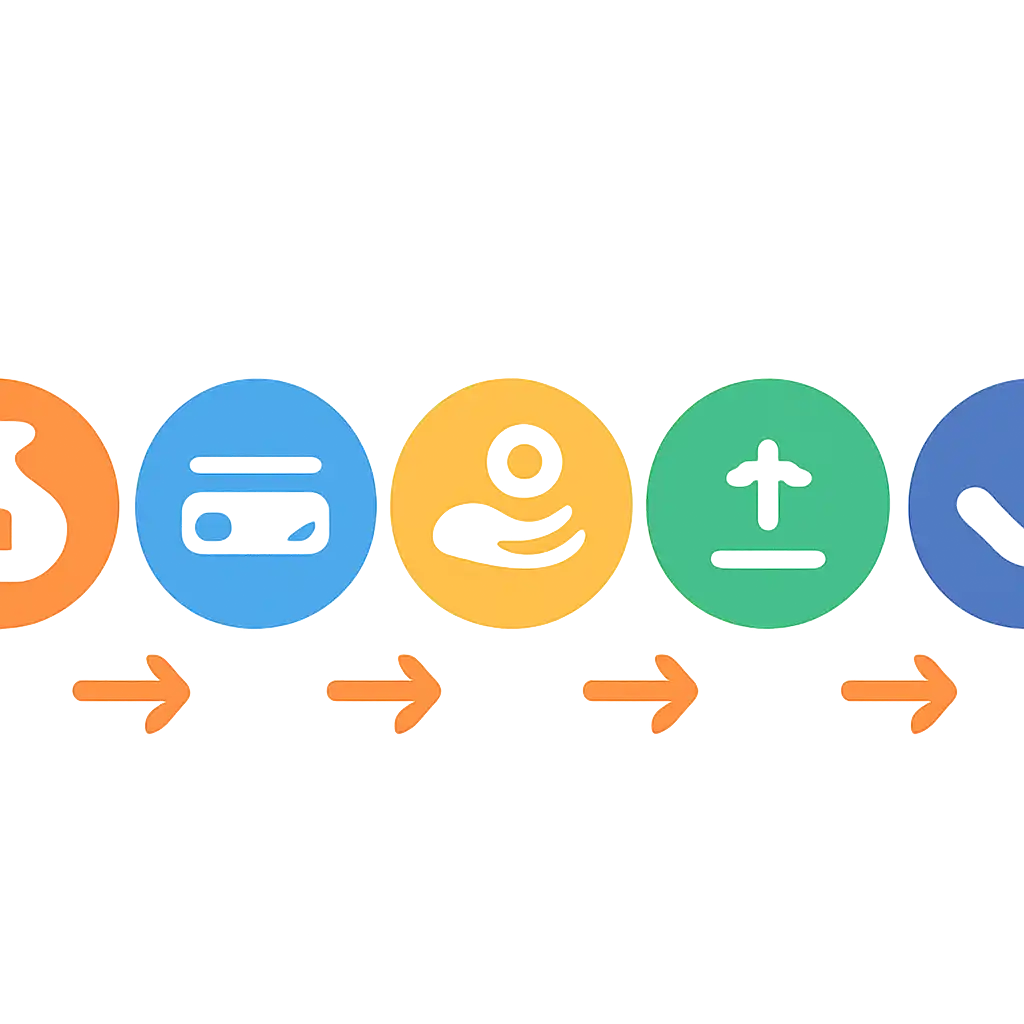 Five numbered circular icons connected by arrows in a horizontal flow, Deposits, Withdrawals and Payouts steps, Shri Ganesh