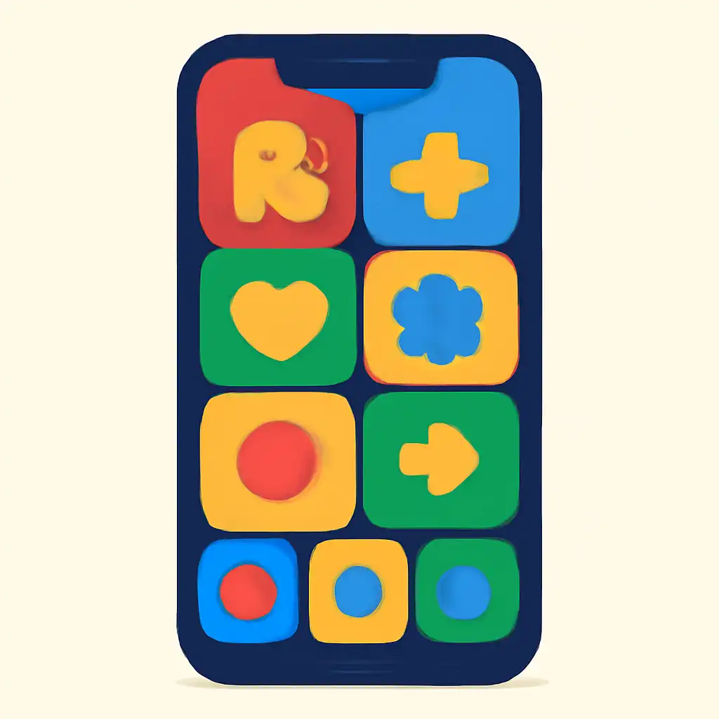 Smartphone shown from the front displaying a colourful flat layout of abstract game icons and rounded tiles, What shri