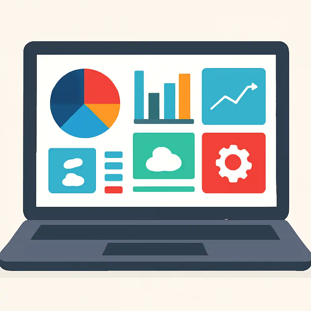 Laptop shown from the front displaying a colourful flat dashboard of abstract charts, bars and icon tiles, What shri ganesh