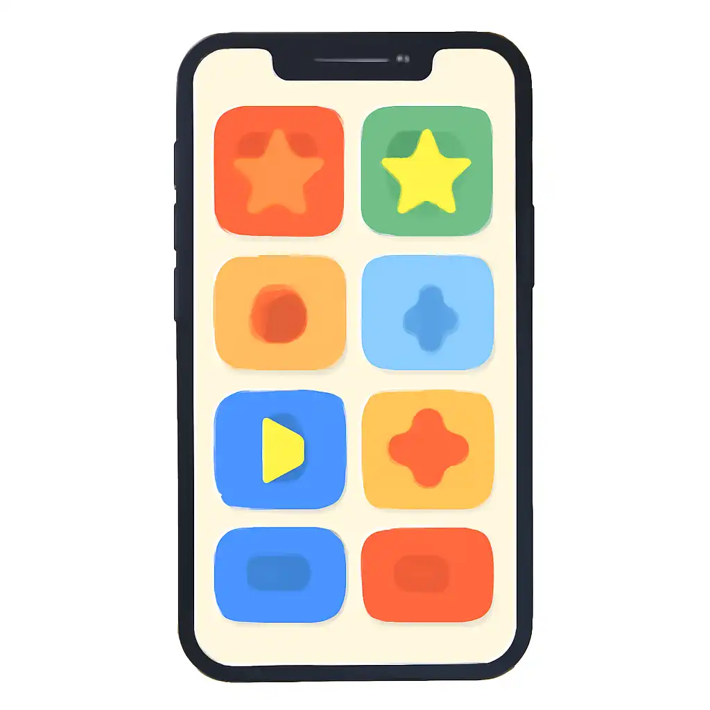 Smartphone shown from the front displaying a colourful flat layout of abstract game icons and rounded tiles, shri ganesh