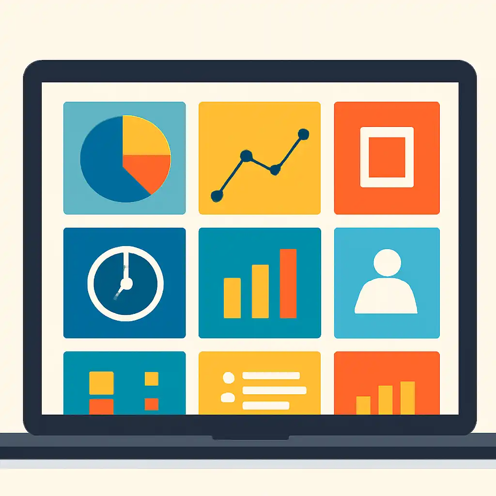 Laptop shown from the front displaying a colourful flat dashboard of abstract charts, bars and icon tiles, shri ganesh
